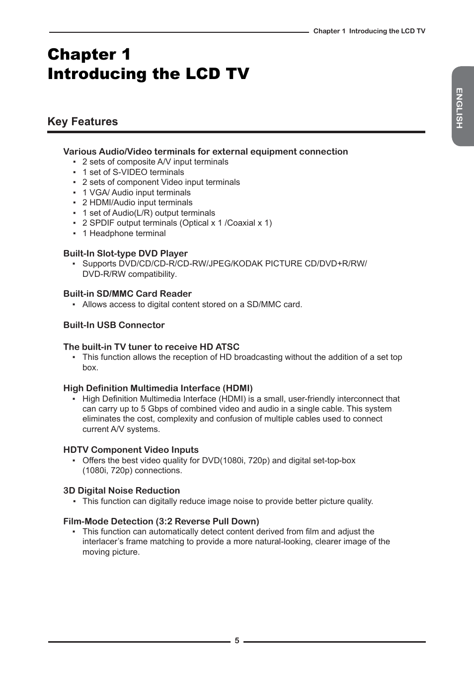 Chapter 1 introducing the lcd tv, Key features | Memorex MLTD2622 User Manual | Page 7 / 123