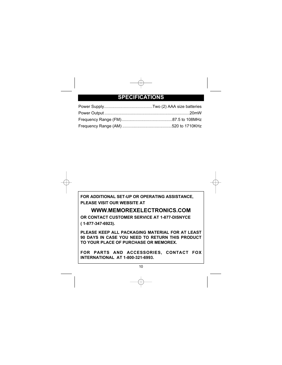 Specifications | Memorex DR1000-C User Manual | Page 11 / 11