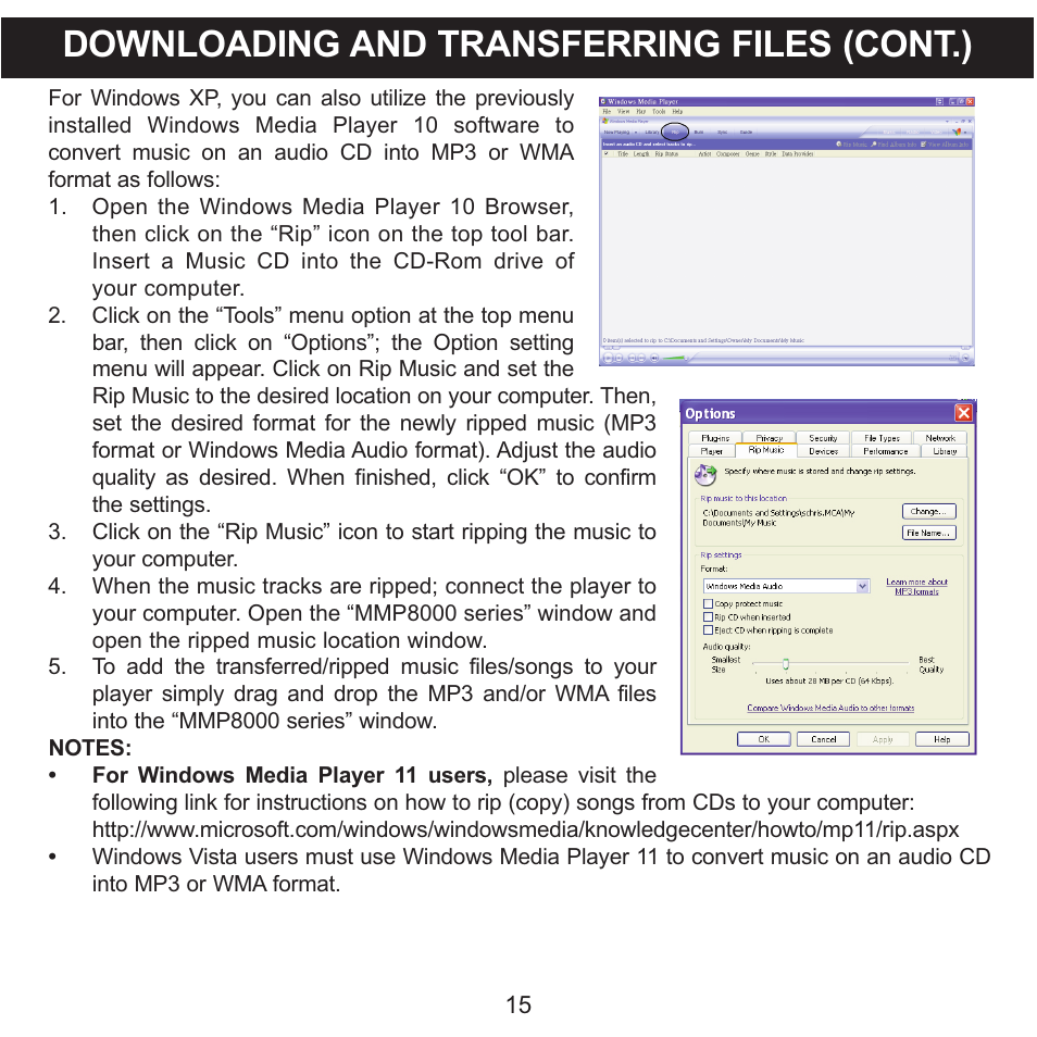 Downloading and transferring files (cont.) | Memorex Clip and Play MMP8000 Series User Manual | Page 16 / 70
