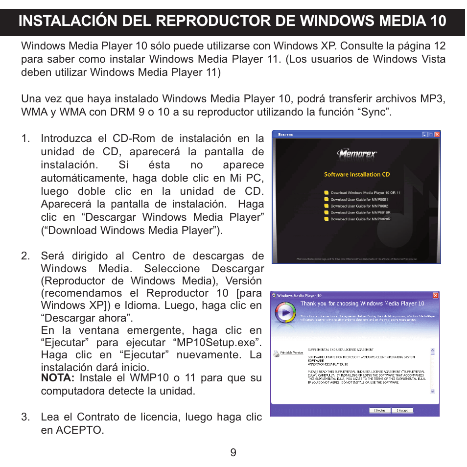Instalación del reproductor de windows media 10 | Memorex Clip and Play MMP8000 Series User Manual | Page 44 / 70