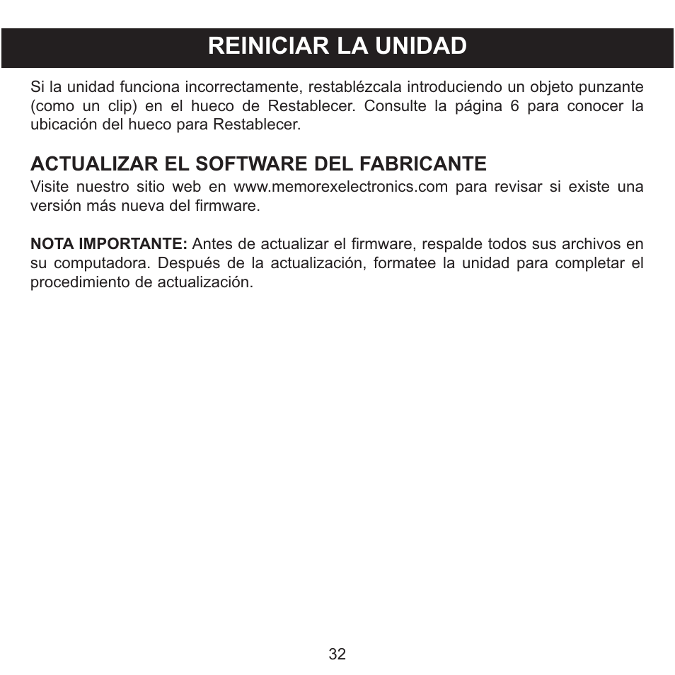 Reiniciar la unidad, Actualizar el software del fabricante | Memorex Clip and Play MMP8000 Series User Manual | Page 67 / 70