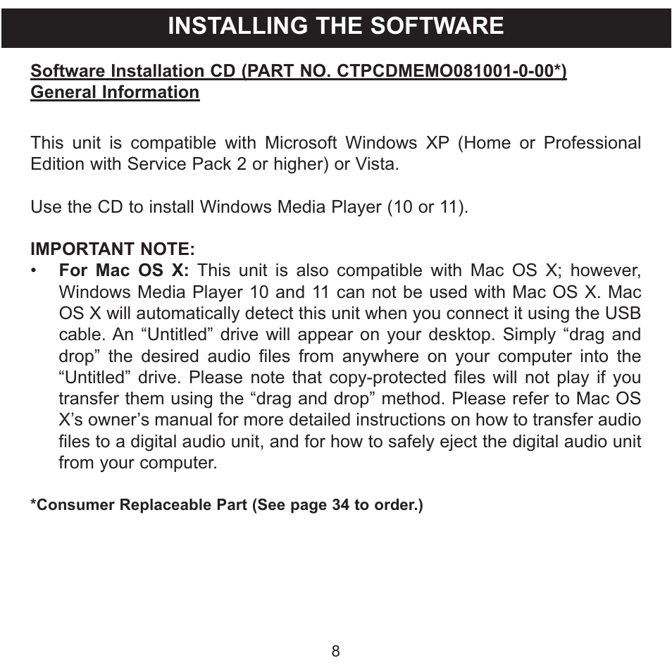 Installing the software | Memorex Clip and Play MMP8000 Series User Manual | Page 9 / 70