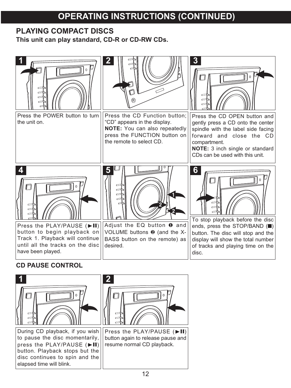 Operating instructions (continued), Playing compact discs | Memorex MX4137 User Manual | Page 13 / 40