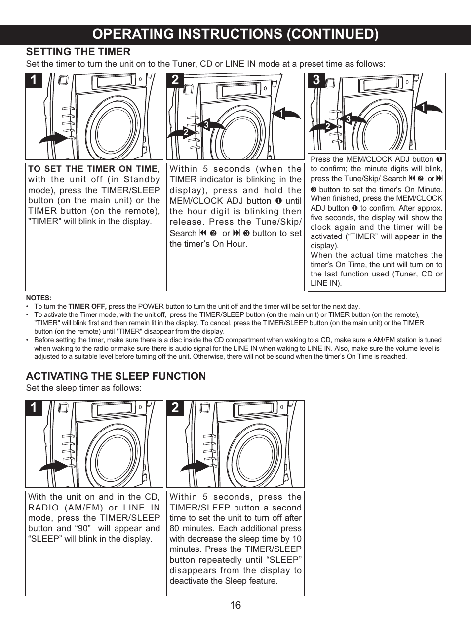 Operating instructions (continued), Setting the timer, Activating the sleep function | Memorex MX4137 User Manual | Page 17 / 40