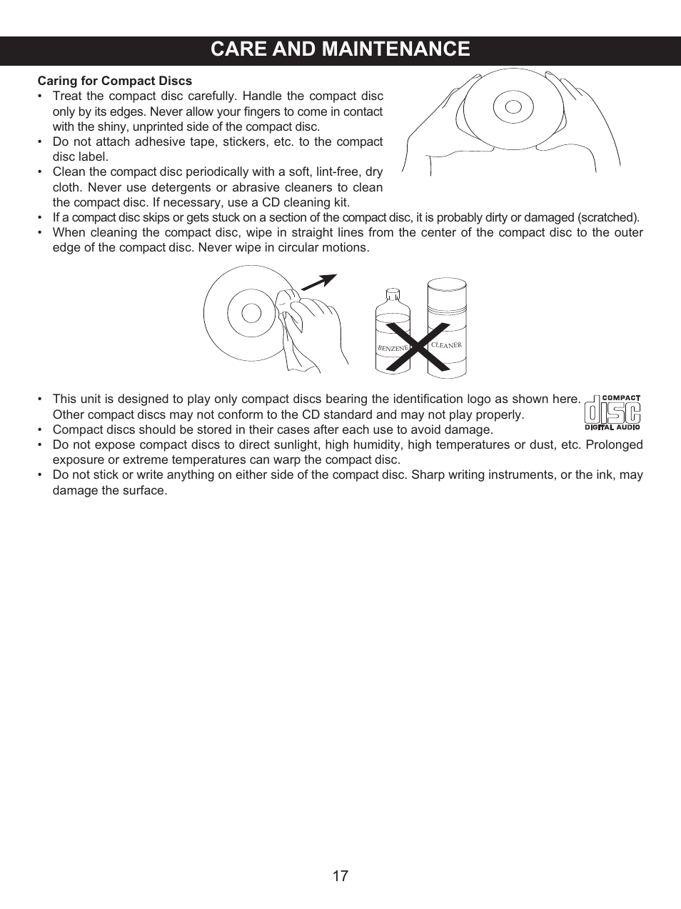 Care and maintenance | Memorex MX4137 User Manual | Page 18 / 40