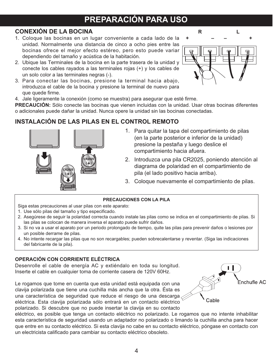 Preparación para uso, Conexión de la bocina, Instalación de las pilas en el control remoto | Memorex MX4137 User Manual | Page 24 / 40