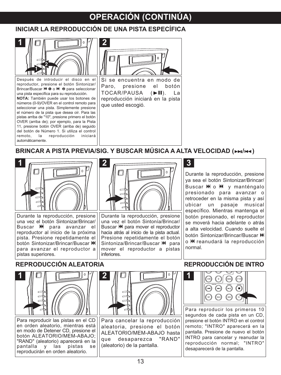 Operación (continúa), Iniciar la reproducción de una pista específica, Reproducción aleatoria | Reproducción de intro | Memorex MX4137 User Manual | Page 33 / 40