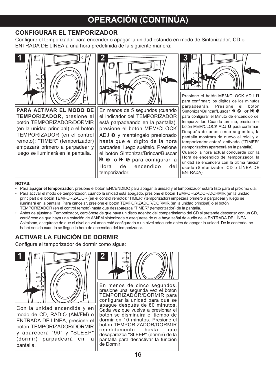 Operación (continúa), Configurar el temporizador, Activar la función de dormir | Memorex MX4137 User Manual | Page 36 / 40