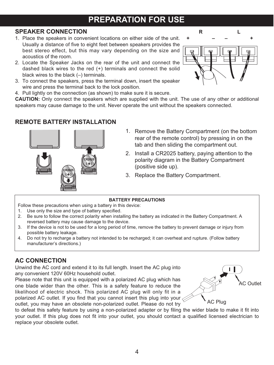 Preparation for use, Speaker connection, Ac connection | Remote battery installation | Memorex MX4137 User Manual | Page 5 / 40