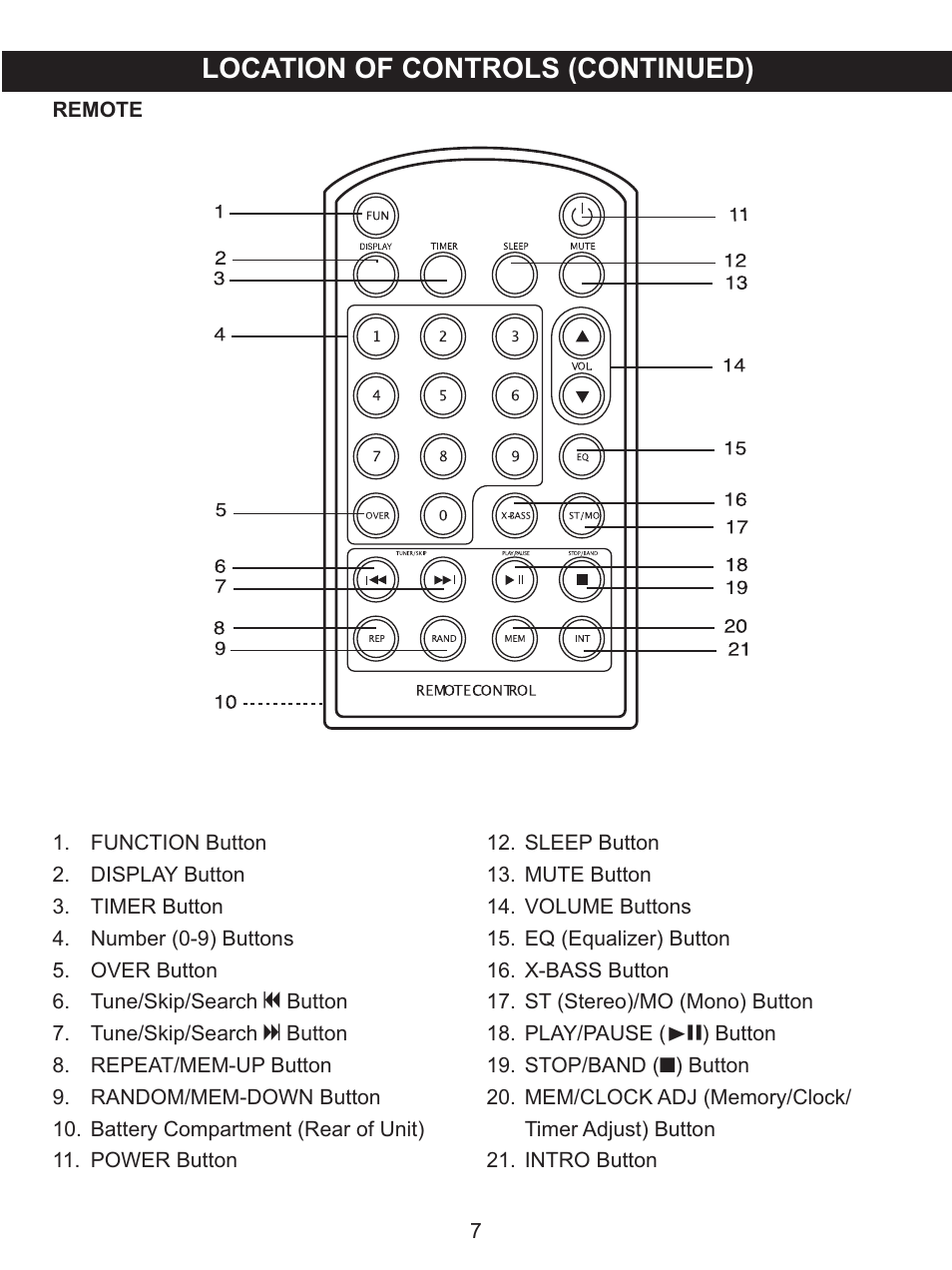 Location of controls (continued) | Memorex MX4137 User Manual | Page 8 / 40