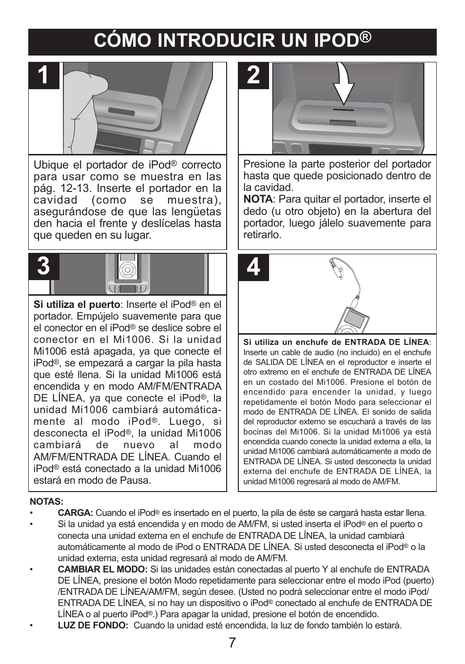 Cómo introducir un ipod | Memorex iListen Mi1006 User Manual | Page 25 / 34