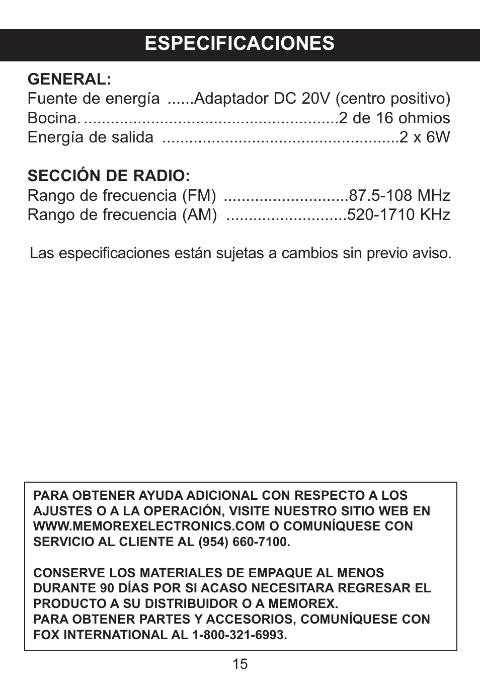 Especificaciones | Memorex iListen Mi1006 User Manual | Page 33 / 34