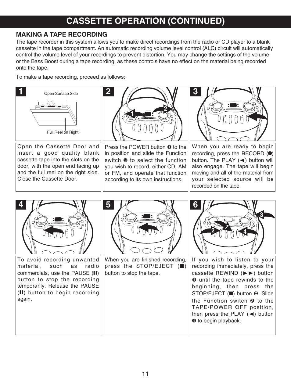 Cassette operation (continued) | Memorex MP3227 User Manual | Page 12 / 17