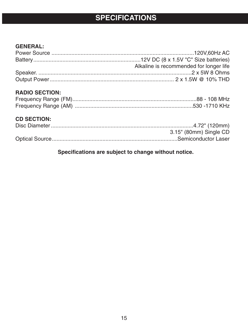 Specifications | Memorex MP3227 User Manual | Page 16 / 17