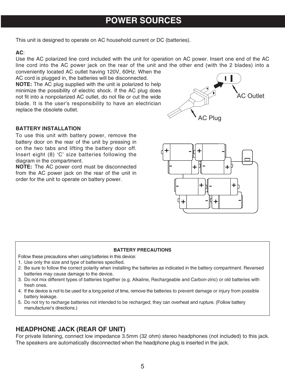 Power sources | Memorex MP3227 User Manual | Page 6 / 17