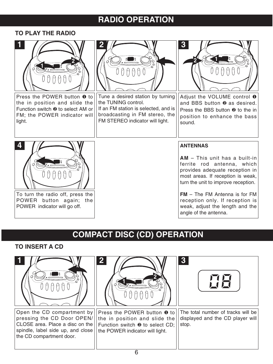Radio operation, 2compact disc (cd) operation | Memorex MP3227 User Manual | Page 7 / 17