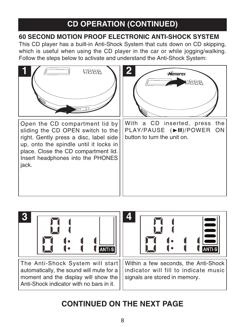 Cd operation (continued), Continued on the next page | Memorex MD6459 User Manual | Page 9 / 17