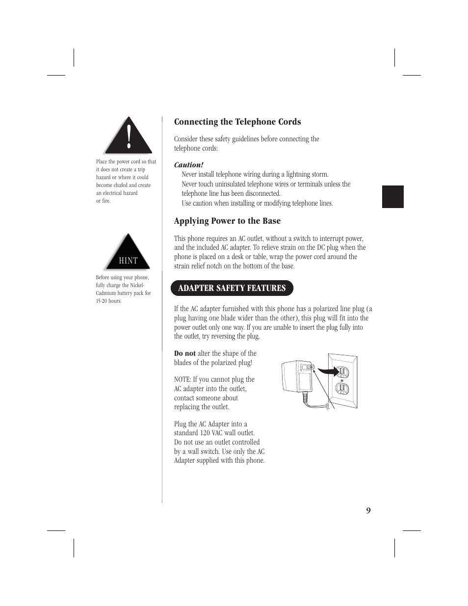 Connecting the telephone cords, Applying power to the base, Adapter safety features | Hint | Memorex MPH6928 User Manual | Page 10 / 80