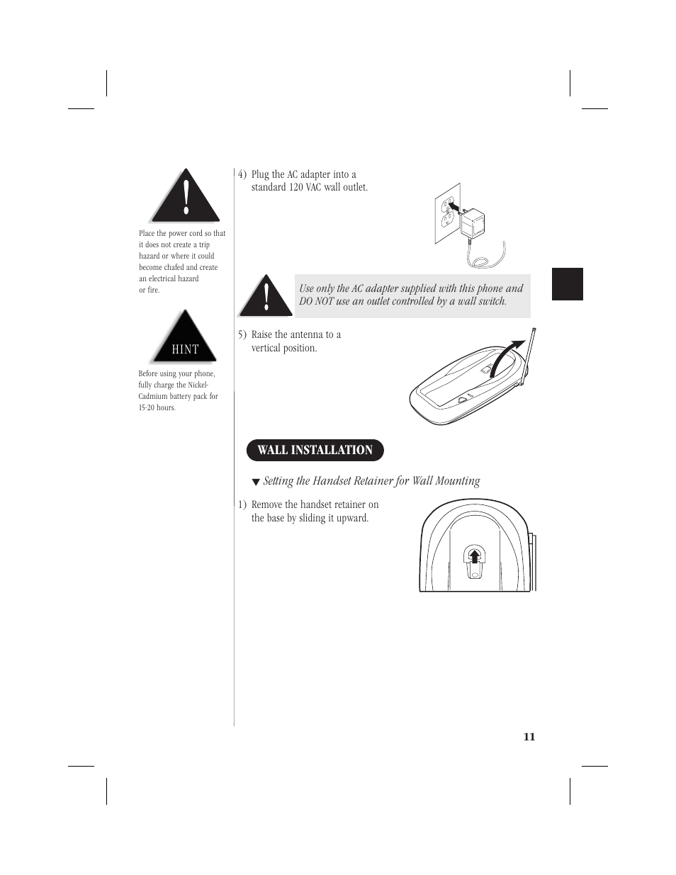 Wall installation, Hint, Setting the handset retainer for wall mounting | Memorex MPH6928 User Manual | Page 12 / 80