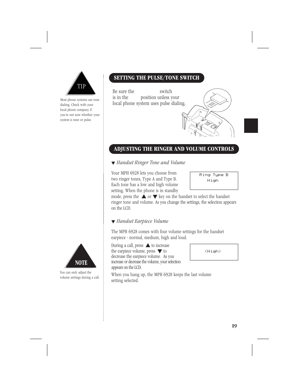 Setting the pulse/tone switch, Adjusting the ringer and volume controls, Be sure the | Switch is in the, Handset ringer tone and volume, Handset earpiece volume | Memorex MPH6928 User Manual | Page 20 / 80