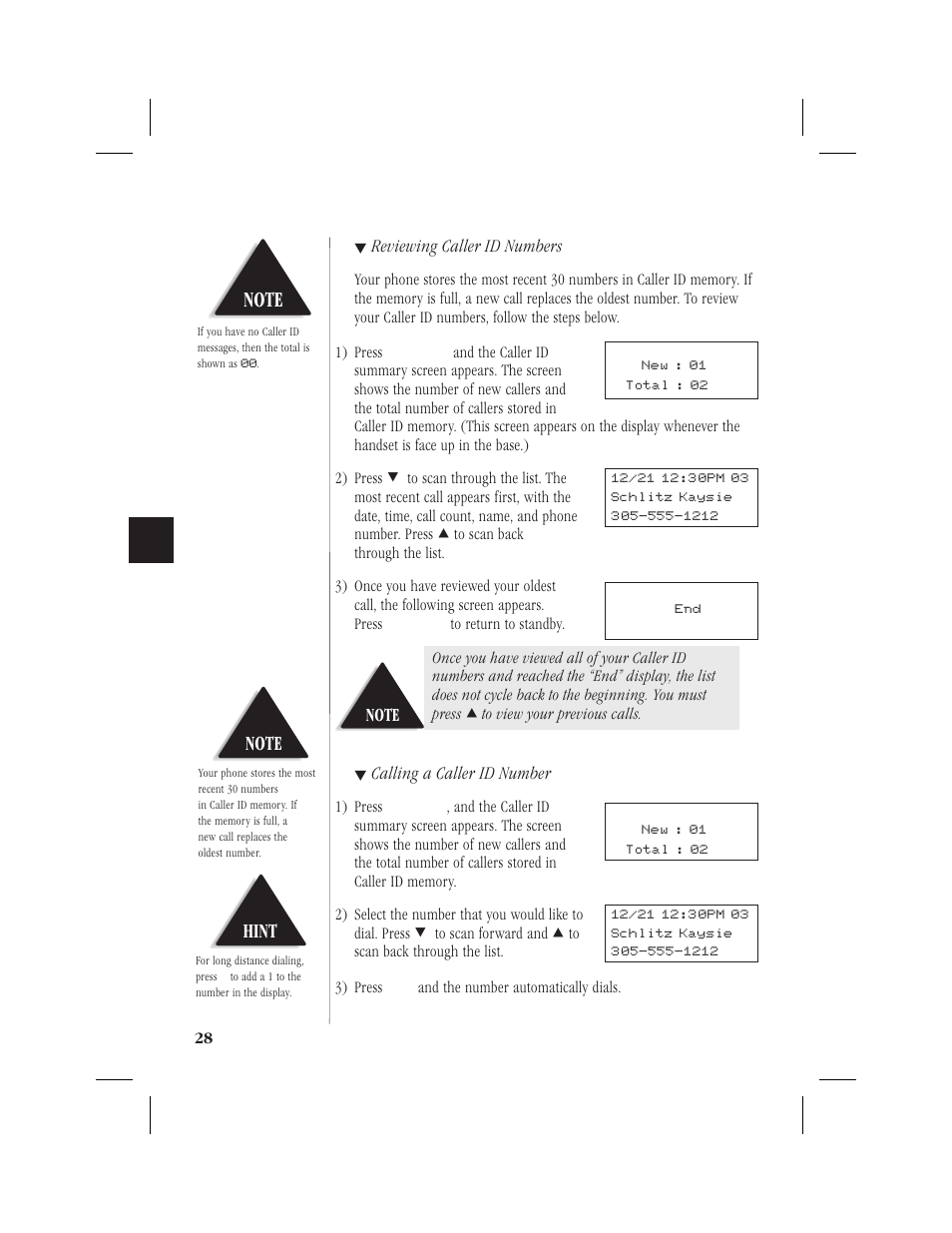 Hint, Reviewing caller id numbers, Calling a caller id number | Memorex MPH6928 User Manual | Page 29 / 80