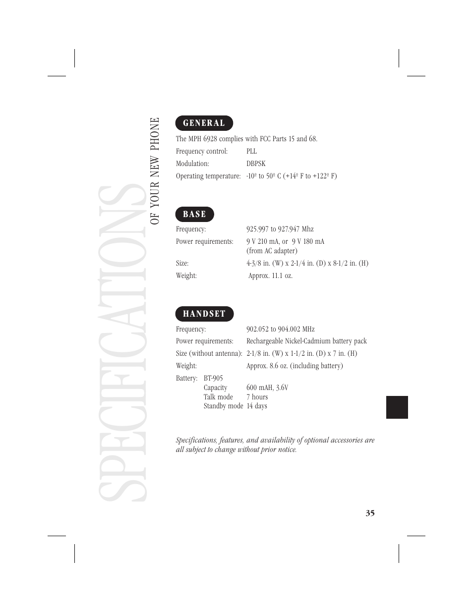 Spe cific at ion s | Memorex MPH6928 User Manual | Page 36 / 80