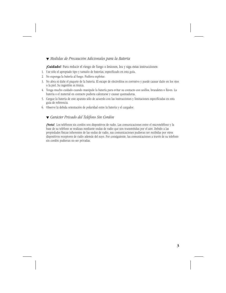 Medidas de precaución adicionales para la batería, Carácter privado del teléfono sin cordón | Memorex MPH6928 User Manual | Page 44 / 80