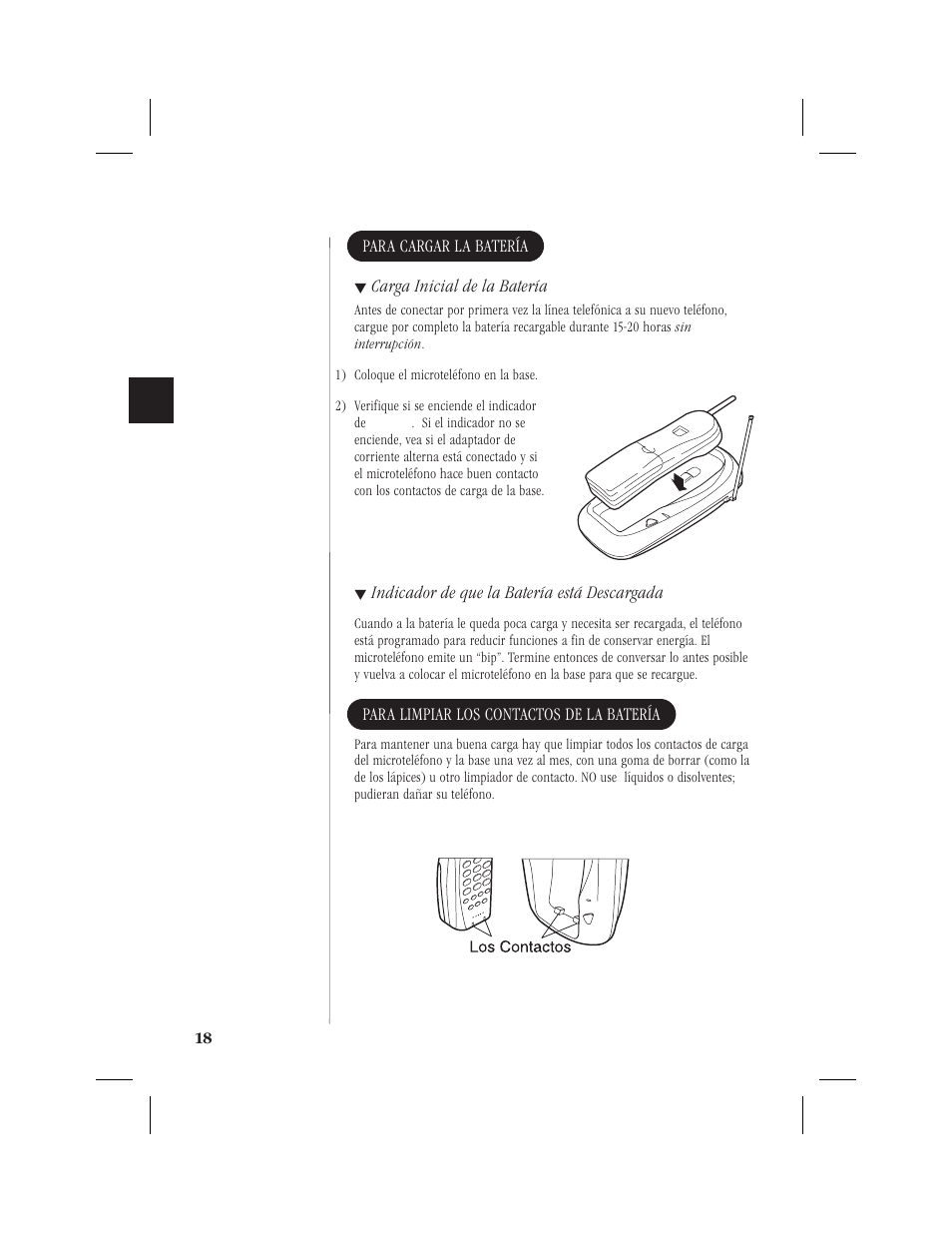Para cargar la batería, Carga inicial de la batería, Indicador de que la batería está descargada | Para limpiar los contactos de la batería | Memorex MPH6928 User Manual | Page 59 / 80