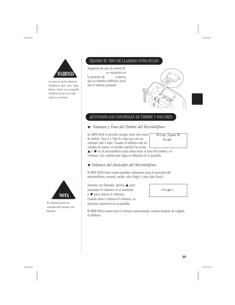 Fijando el tipo de llamada tono/pulso, Ajustando los controles de timbre y volumen, Volumen y tono del timbre del microteléfono | Volumen del auricular del microteléfono | Memorex MPH6928 User Manual | Page 60 / 80