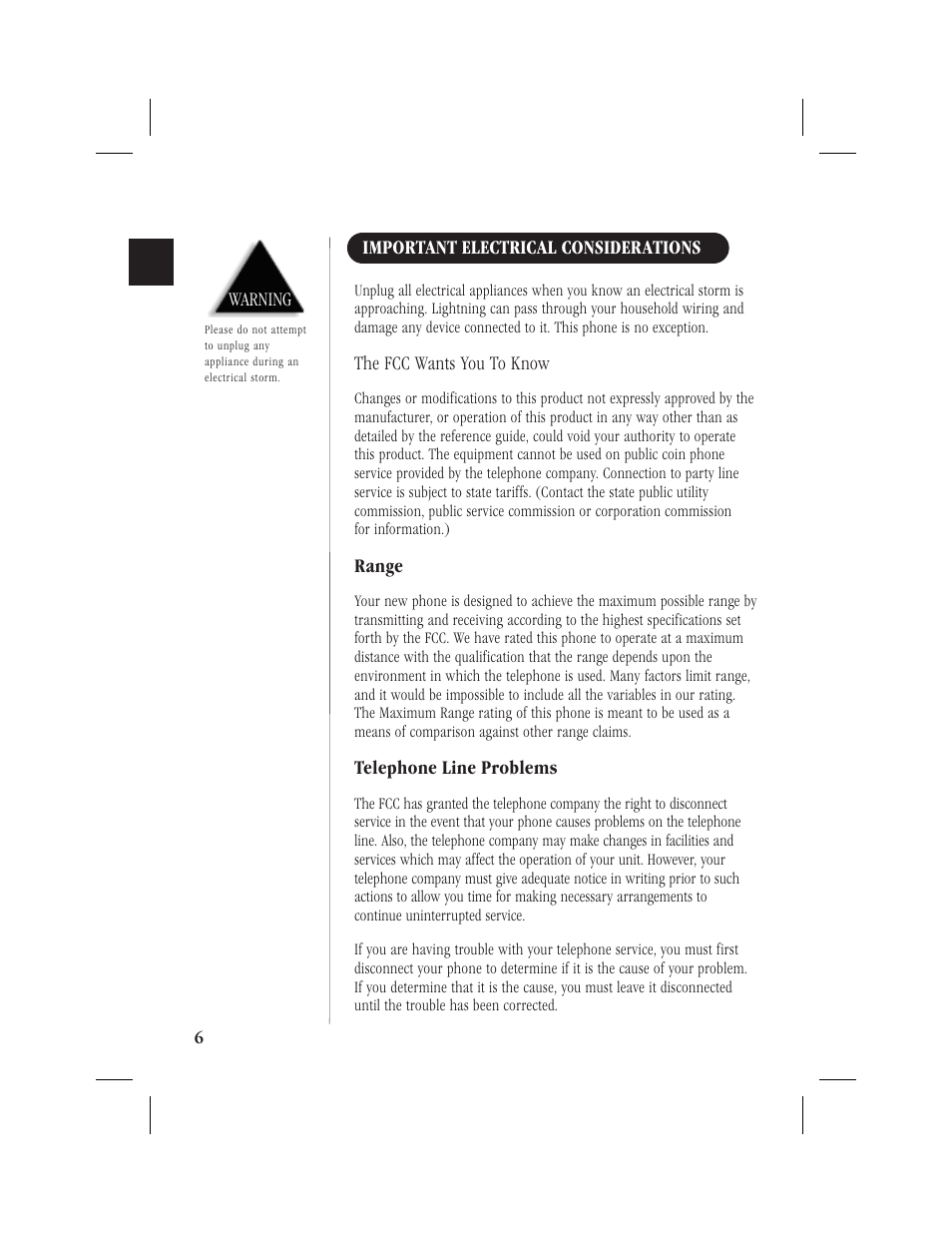 Important electrical considerations, The fcc wants you to know, Range | Telephone line problems, Warning | Memorex MPH6928 User Manual | Page 7 / 80