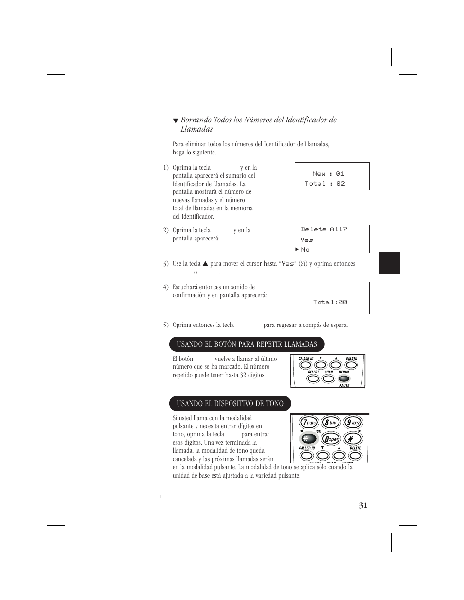 Usando el botón para repetir llamadas, Usando el dispositivo de tono | Memorex MPH6928 User Manual | Page 72 / 80