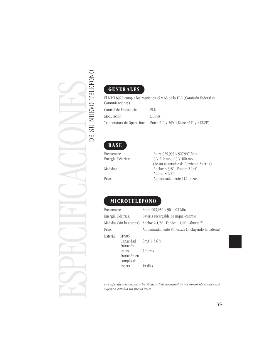 Especi fic ac iones | Memorex MPH6928 User Manual | Page 76 / 80
