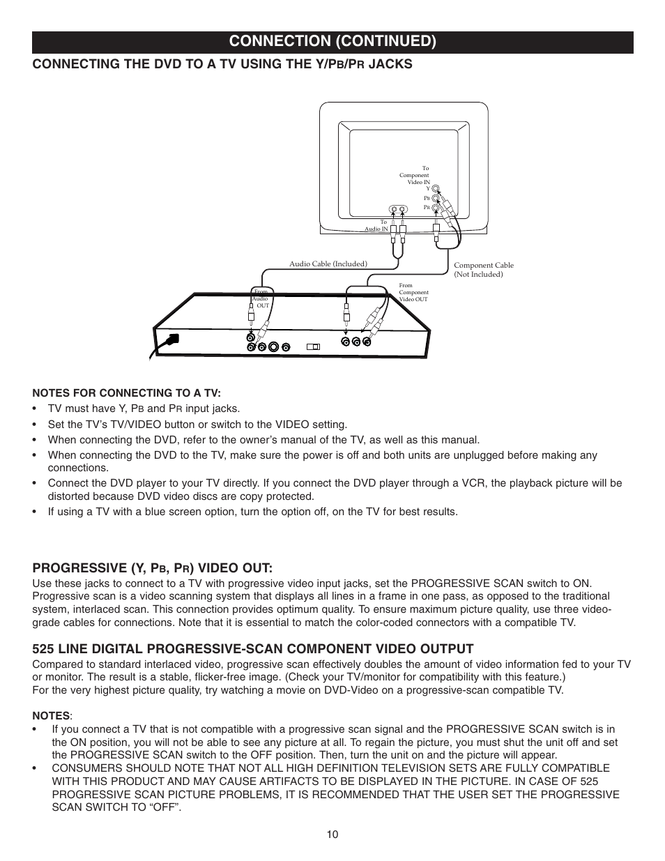 Connection (continued), Connecting the dvd to a tv using the y/p, Jacks progressive (y, p | Video out | Memorex MVD2022 User Manual | Page 11 / 35