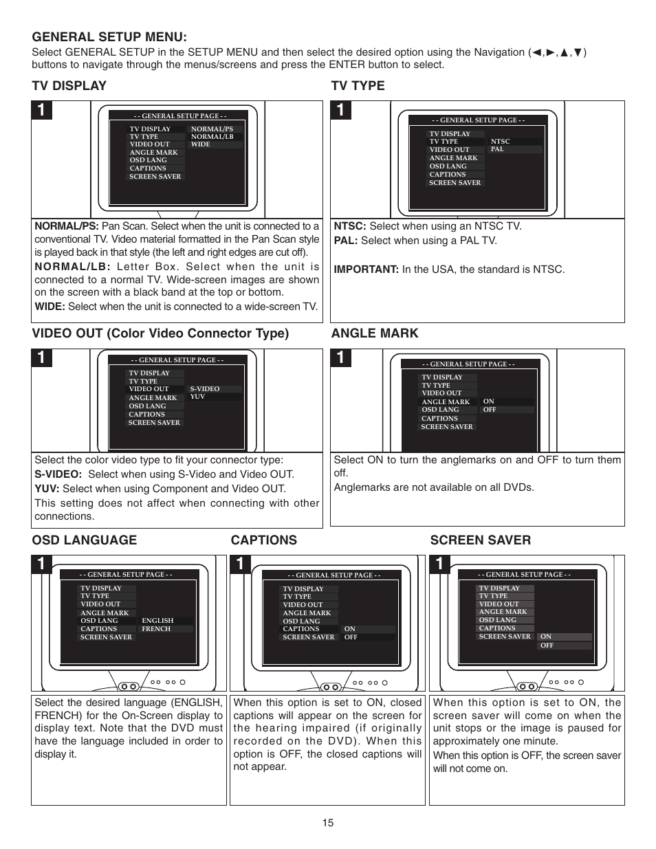General setup menu, Tv display tv type, Video out (color video connector type) angle mark | Osd language, Screen saver, Captions | Memorex MVD2022 User Manual | Page 16 / 35