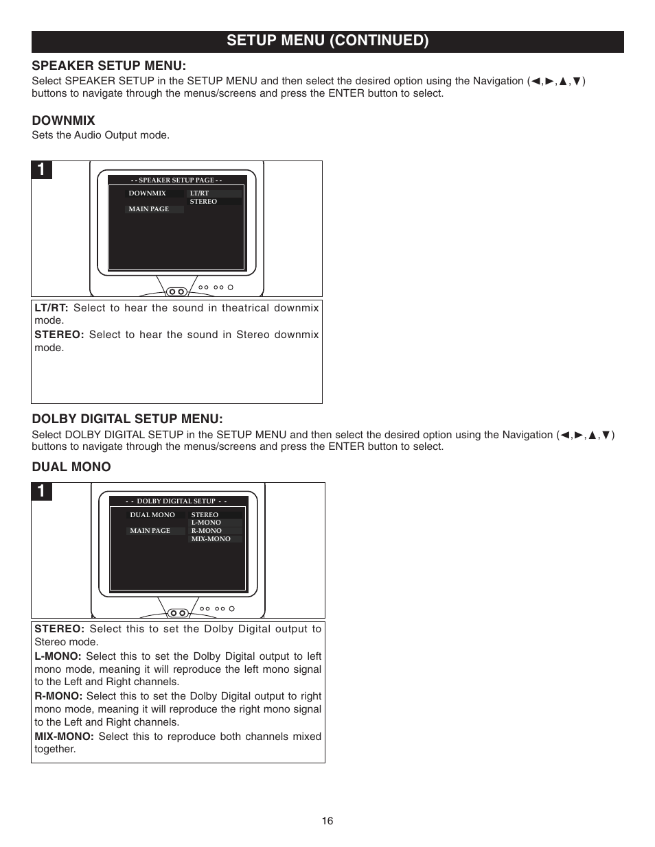 Setup menu (continued), Speaker setup menu, Downmix | Dolby digital setup menu, Dual mono | Memorex MVD2022 User Manual | Page 17 / 35