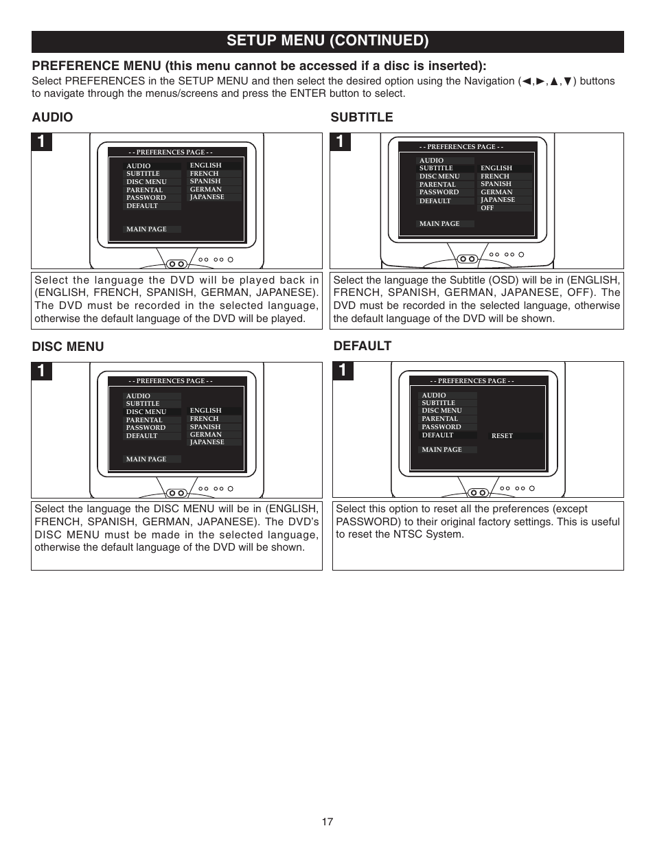 Setup menu (continued), Audio subtitle, Disc menu | Default | Memorex MVD2022 User Manual | Page 18 / 35