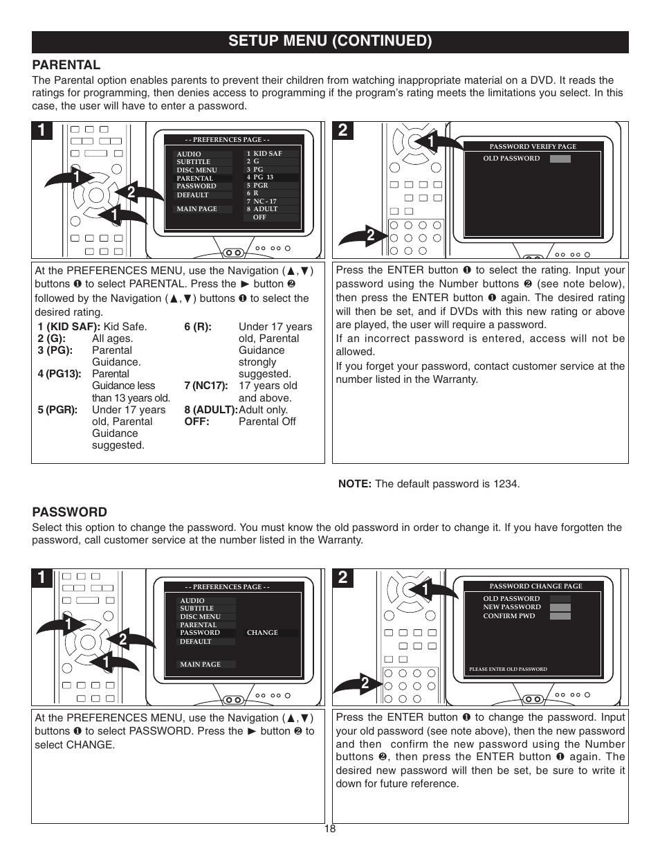 Setup menu (continued), Parental, Password | Memorex MVD2022 User Manual | Page 19 / 35