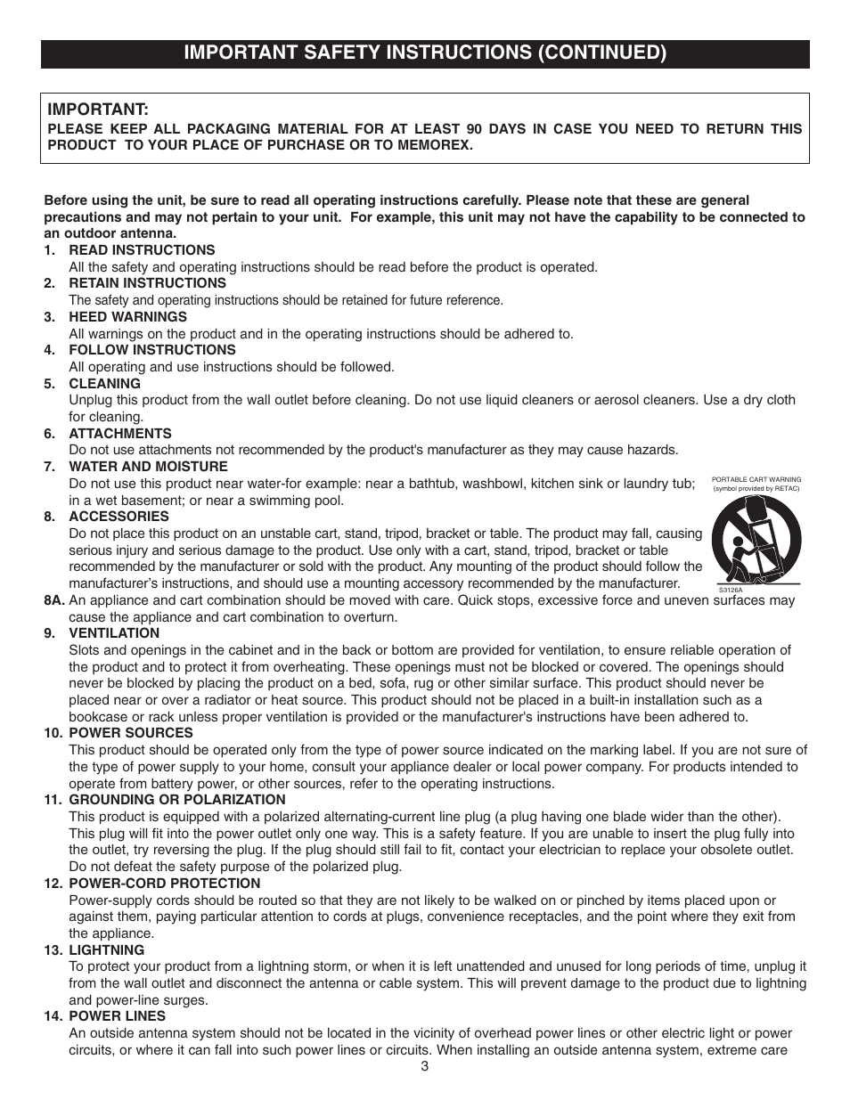 Important safety instructions (continued) | Memorex MVD2022 User Manual | Page 4 / 35