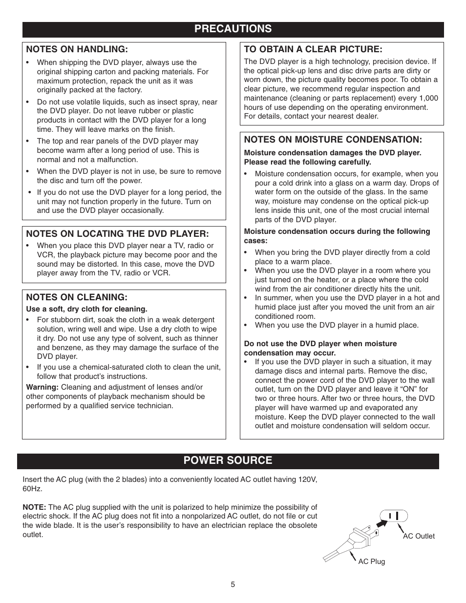 Precautions power source | Memorex MVD2022 User Manual | Page 6 / 35