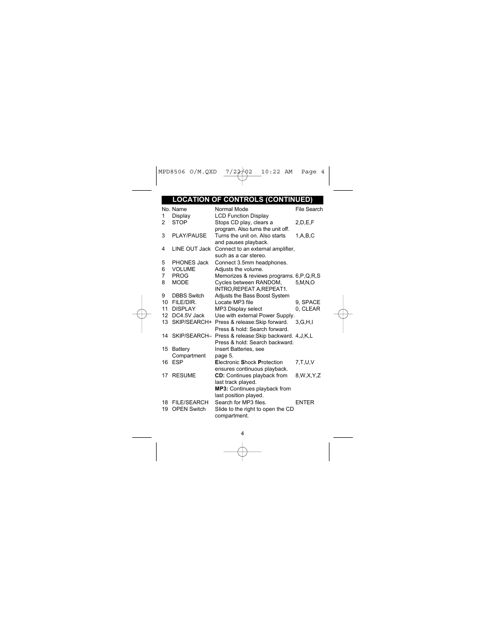 Location of controls (continued) | Memorex MPD8506 User Manual | Page 5 / 23