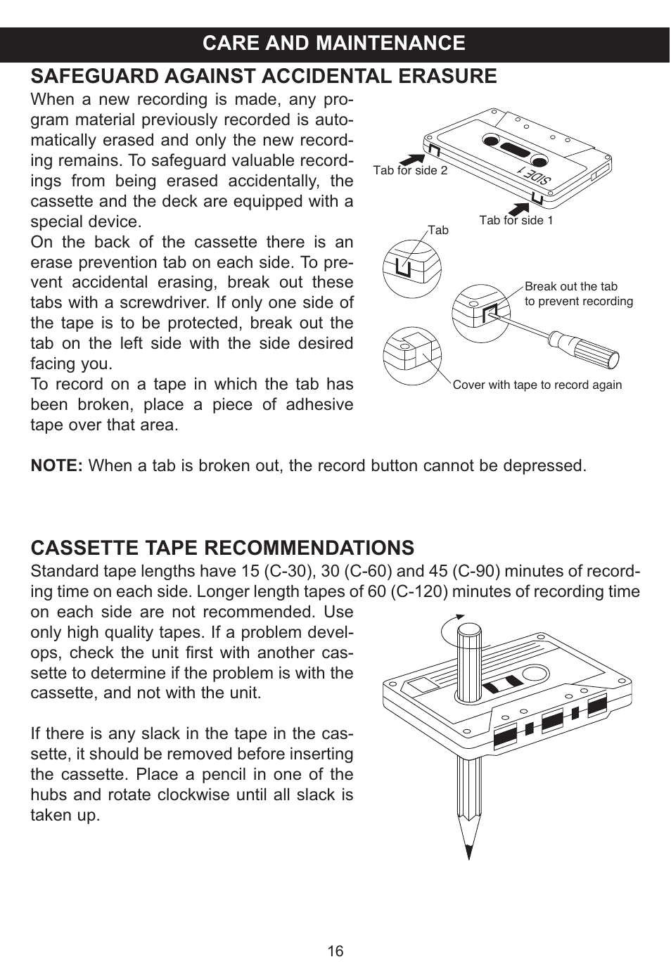 Safeguard against accidental erasure, Cassette tape recommendations, Care and maintenance | Memorex MP3134BLU User Manual | Page 17 / 40