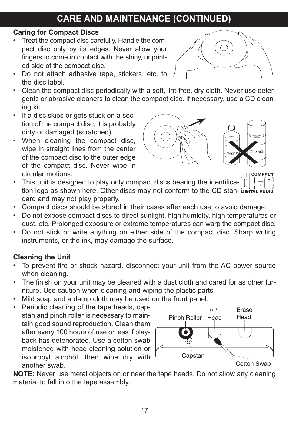 Care and maintenance (continued) | Memorex MP3134BLU User Manual | Page 18 / 40