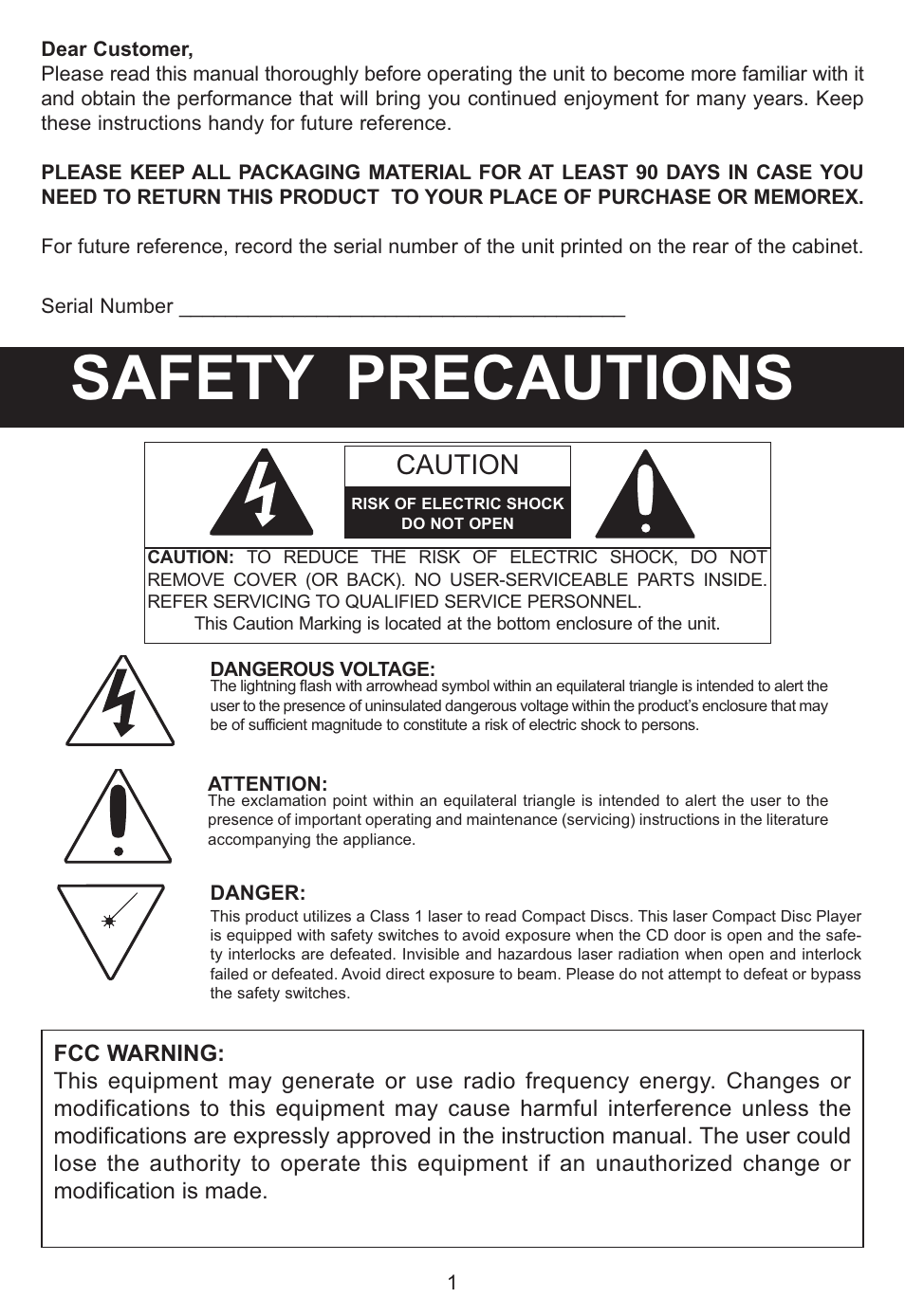 Safety precautions, Caution | Memorex MP3134BLU User Manual | Page 2 / 40