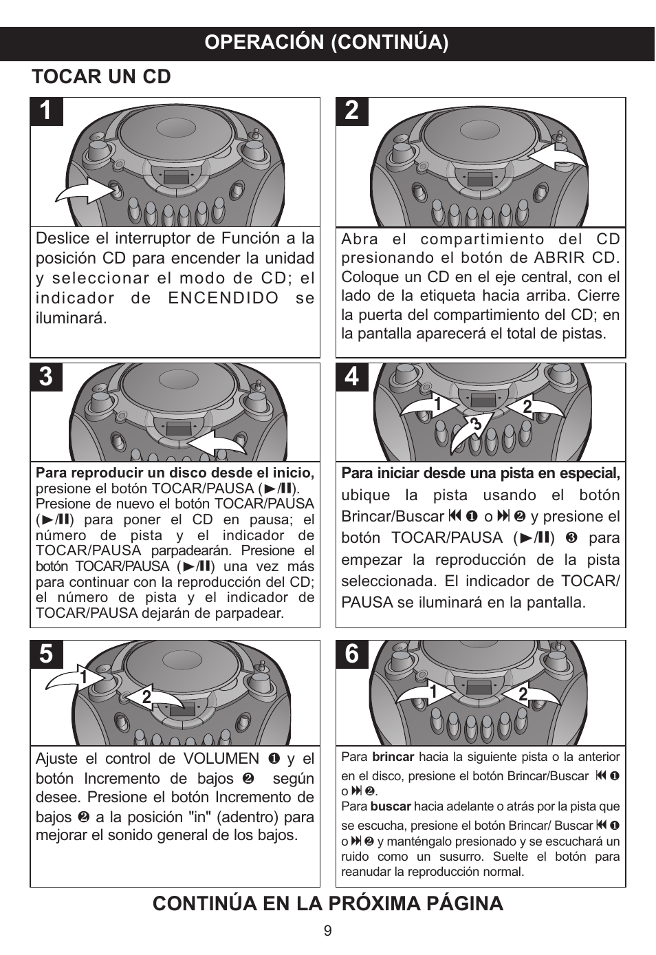 Operación (continúa), Tocar un cd continúa en la próxima página | Memorex MP3134BLU User Manual | Page 29 / 40