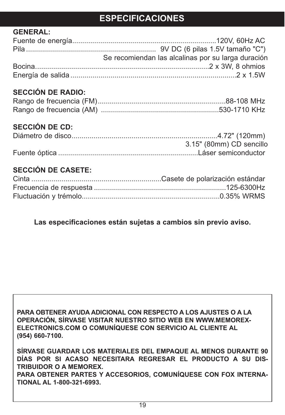 Especificaciones | Memorex MP3134BLU User Manual | Page 39 / 40