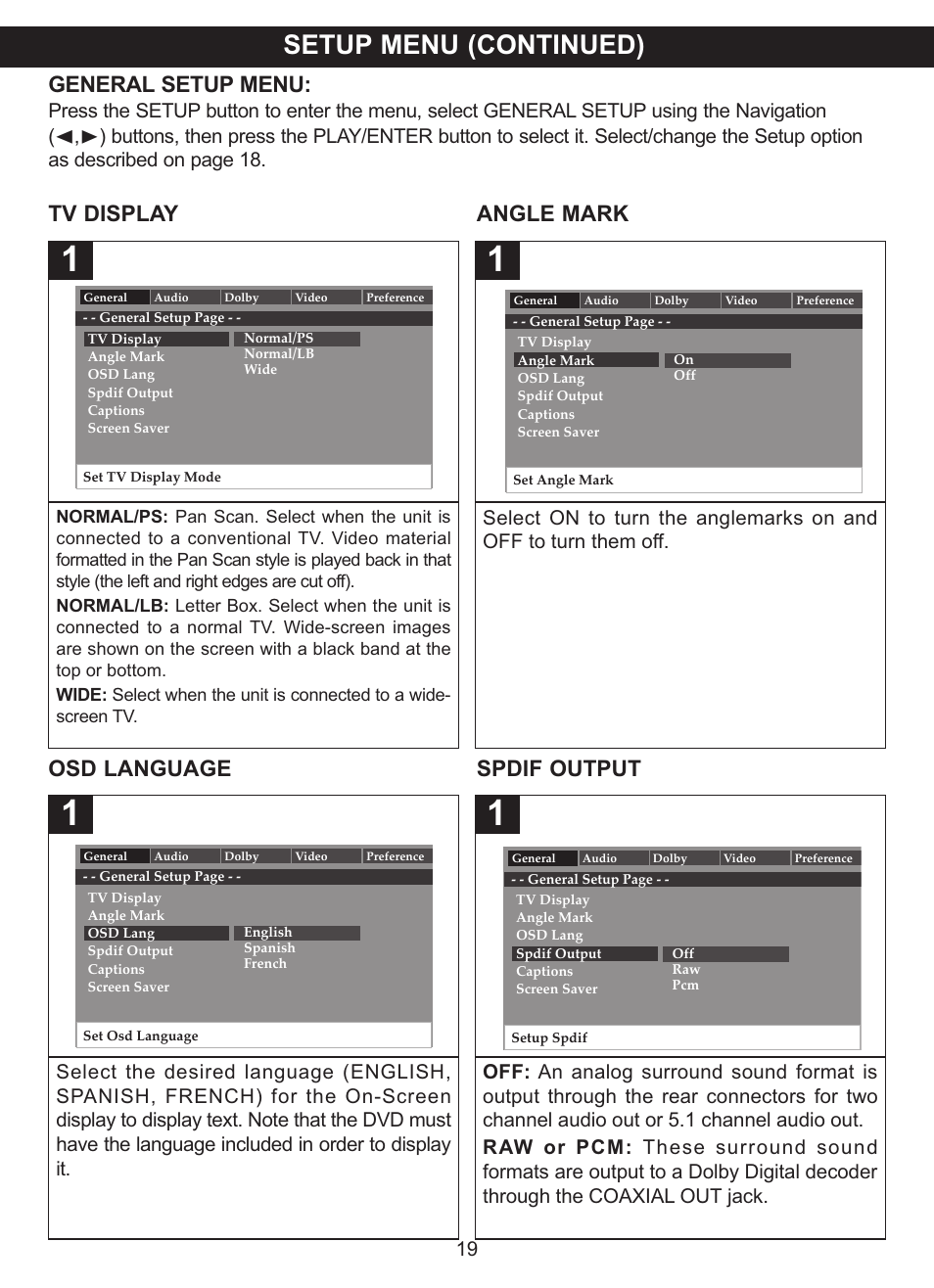 Setup menu (continued), General setup menu, Tv display angle mark | Osd language spdif output | Memorex MVDP1075 User Manual | Page 20 / 45