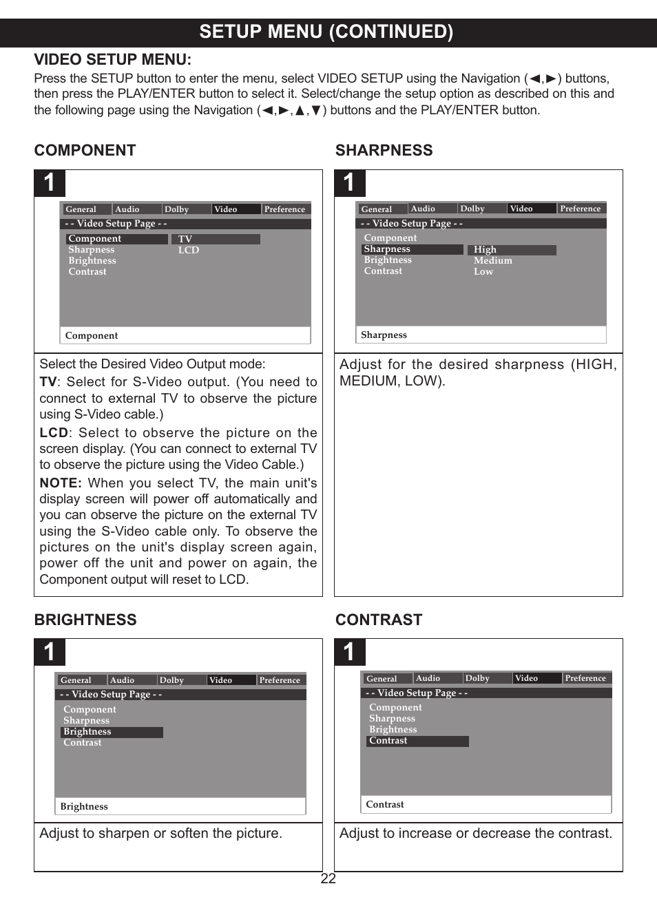 Setup menu (continued), Video setup menu, Component sharpness | Brightness contrast, Adjust to sharpen or soften the picture, Adjust to increase or decrease the contrast | Memorex MVDP1075 User Manual | Page 23 / 45