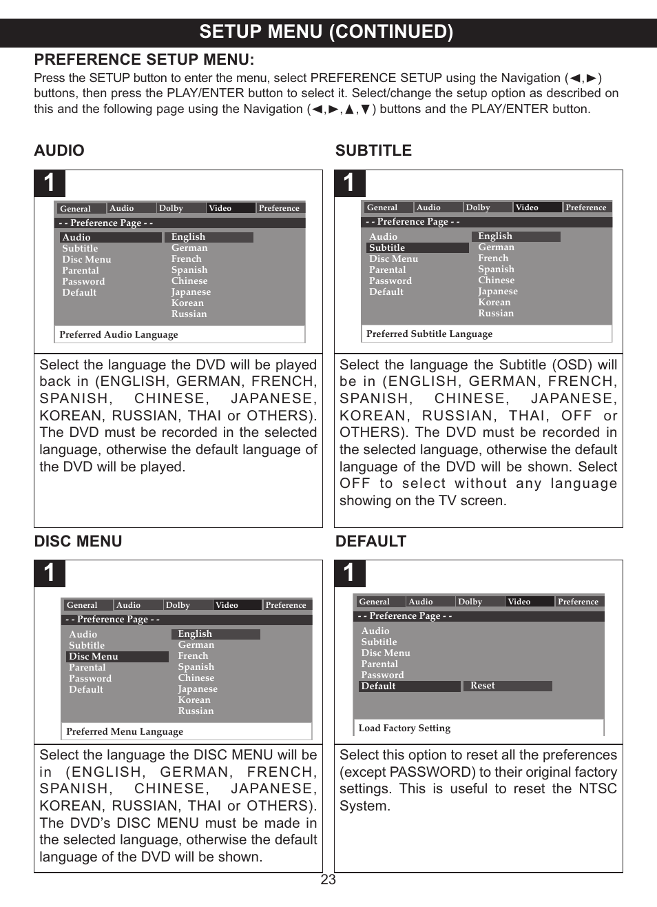 Setup menu (continued), Preference setup menu, Audio subtitle | Disc menu default | Memorex MVDP1075 User Manual | Page 24 / 45