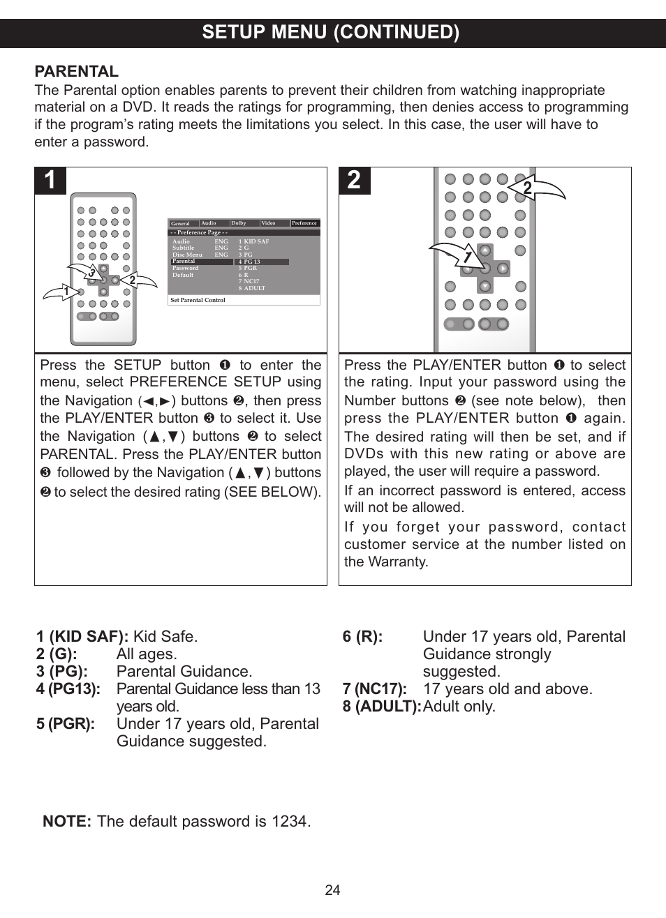 Setup menu (continued), Parental | Memorex MVDP1075 User Manual | Page 25 / 45