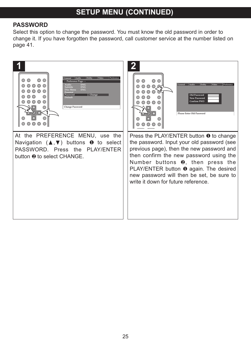 Setup menu (continued), Password | Memorex MVDP1075 User Manual | Page 26 / 45